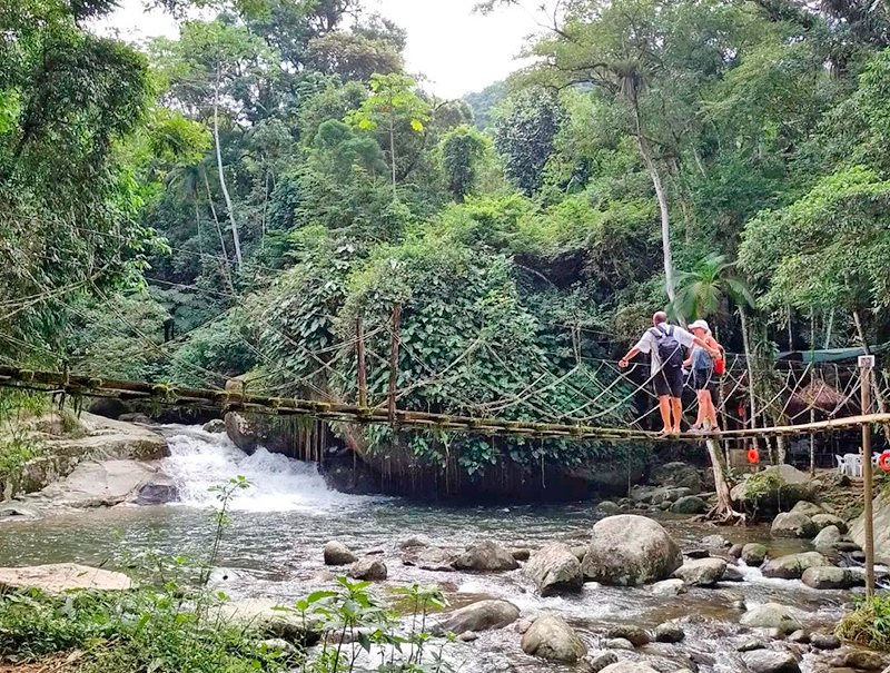 Ponte pênsil de madeira sobre o rio no Poço do Tarzan